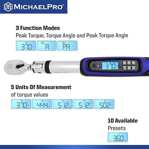 Miniatura 2 de MichaelPro Llave dinamométrica digital de cabeza flexible 38 con función de ángulo, 10 a 100 ft-lbs (10 a 135 Nm), sistema de alerta múltiple de par