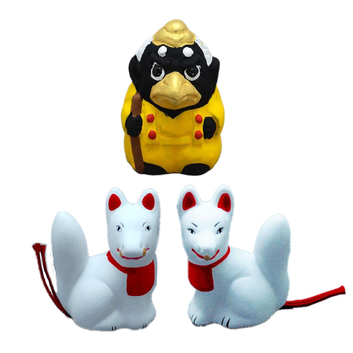 Figura de cerámica tradicional japonesa, decoración de muñeca para la buena suerte (Yokai 2 zorros, 1 cuervo)