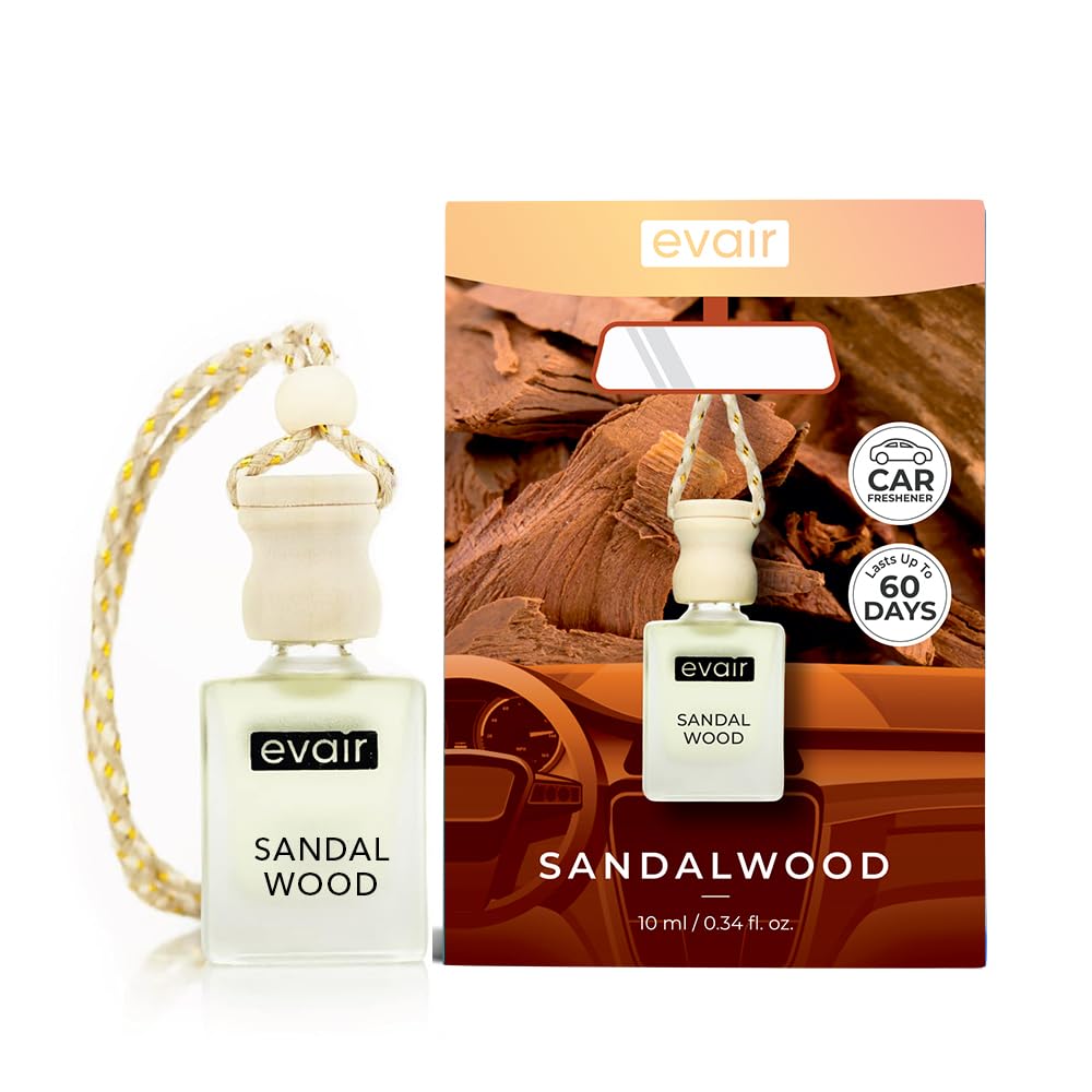 Evair Car Air Freshener with Essential Oils Fragrance in Glass Bottle with Wooden Diffuser Lid | 10 ml - Pack of 1 (Sandalwood)