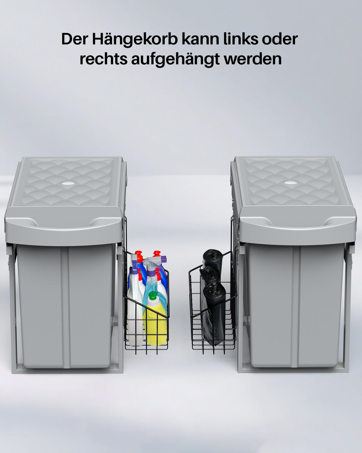 lovewind Abfallsammler Tandem, 10L+20L, Mit seitlichem Hängekorb, Abfalleimer für Schränke ab 300 mm Breite, Mülltrennung als Vollauszug mit Teleskopschienen, Dunkelgrau