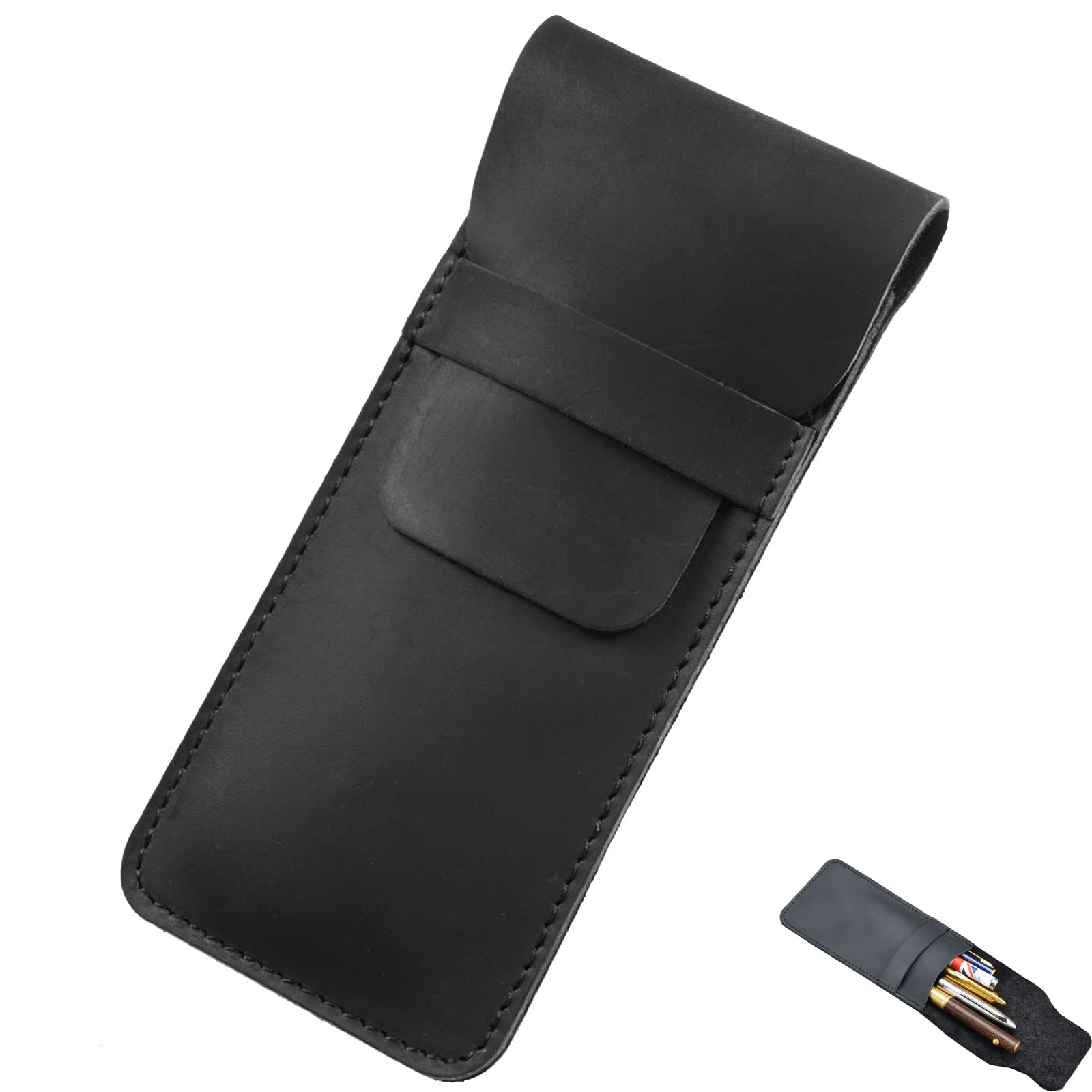 Faotup Leder-Stiftetui Schwarz – Handgefertigt, 16,2 X 6,5 X 0,6 Cm – Für 3-4 Stifte, Schutz Für Teure Kugelschreiber & Füller