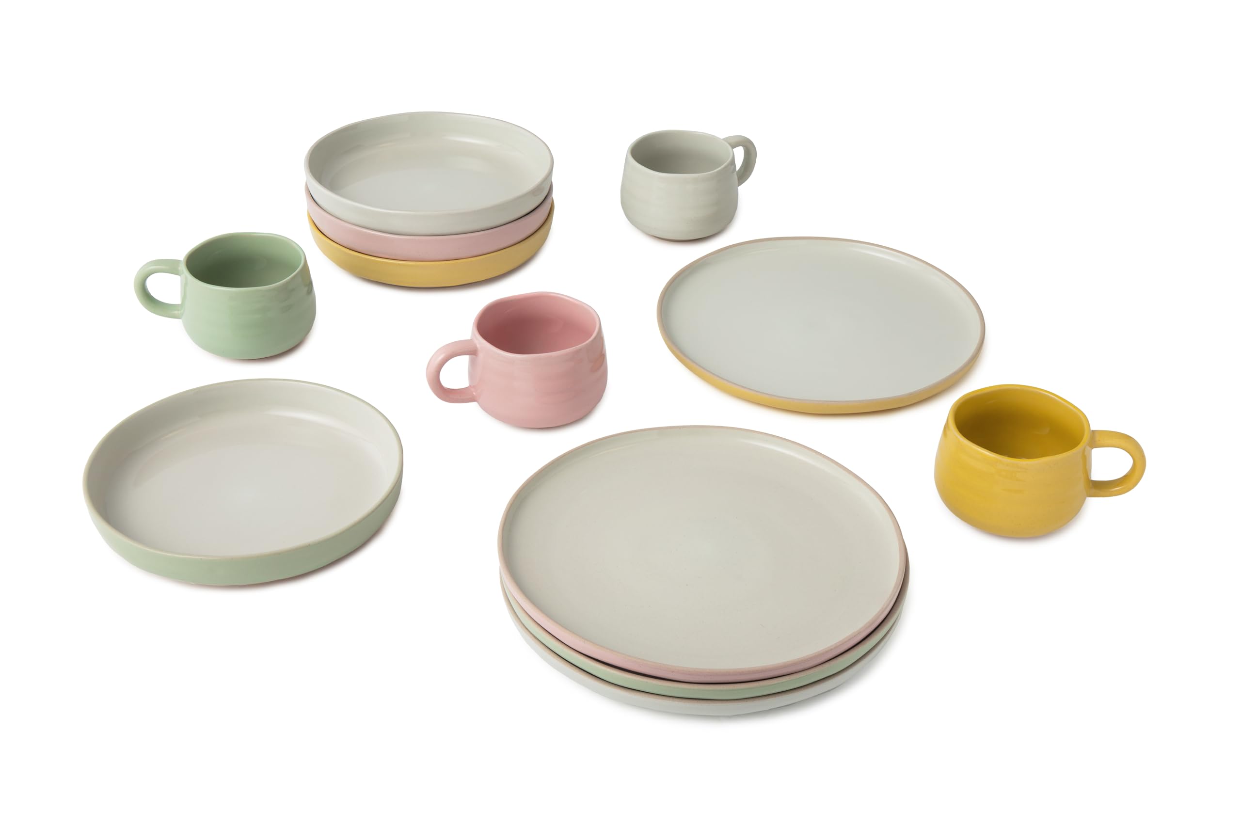 Jamie Oliver Big Love 12pc Dinner Set, Set for 4 People, Stoneware Plates, Bowls and Mugs, Round Pink and White Plates 27 x 6cm, Green and White Bowls 22 x 22cm, Multicolour Mugs 375ml 13 x 10cm