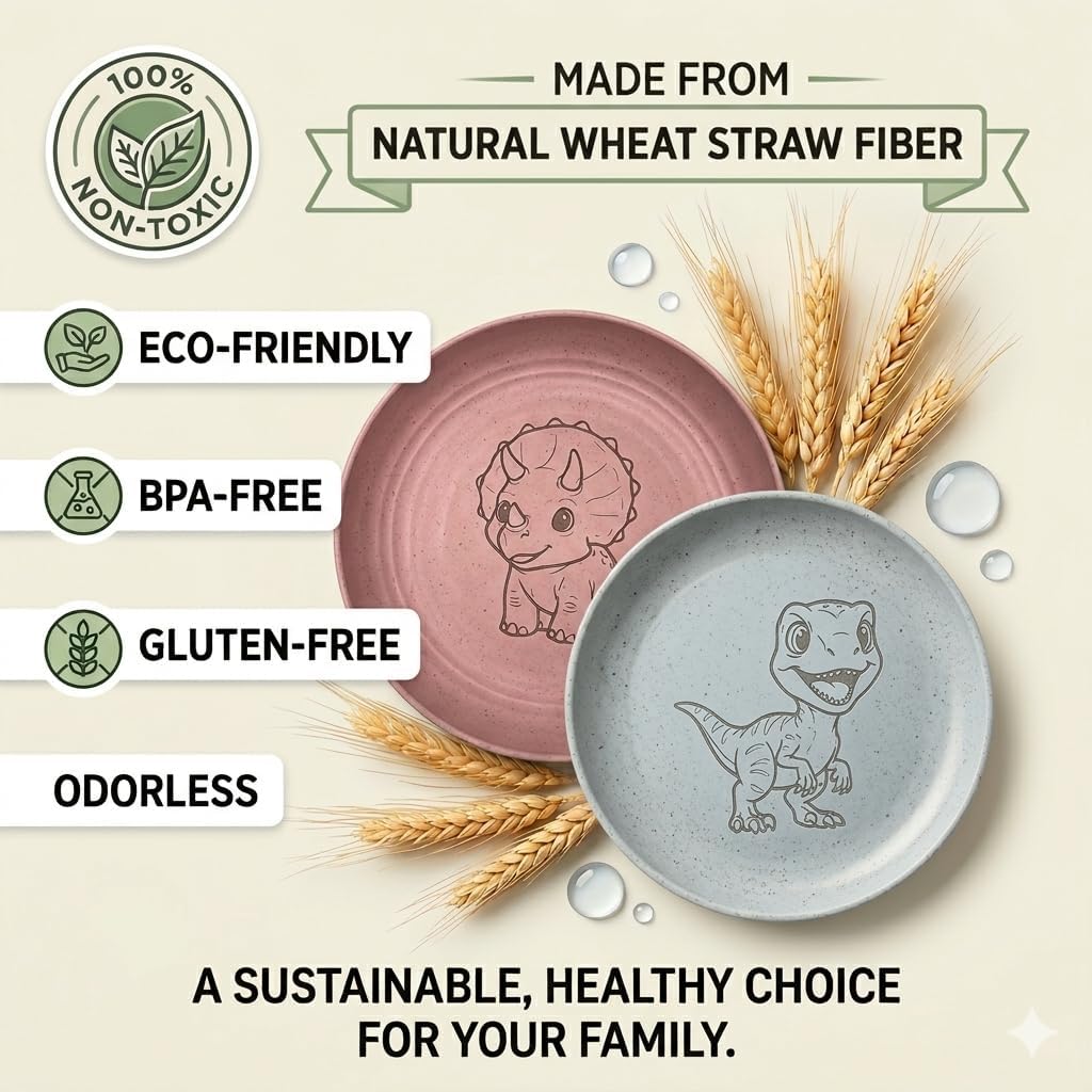 G’nes 9" Toddler Plates - Safety Certified BPA-free & Non-Toxic Wheat Straw Kids Plates - Unbreakable, Microwave & Dishwasher Safe - 4-Pack Dinosaur Dinnerware Set with Bonus Drawstring Bag