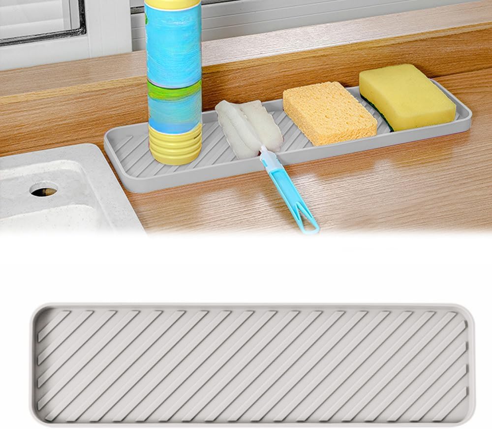 Silicone Sink Organizer 40.5 x 11.5 cm Silicone Tray Sink Grey Holder Scourer Sink Non-Slip Silicone Sink Mat for Kitchen Bathroom Table