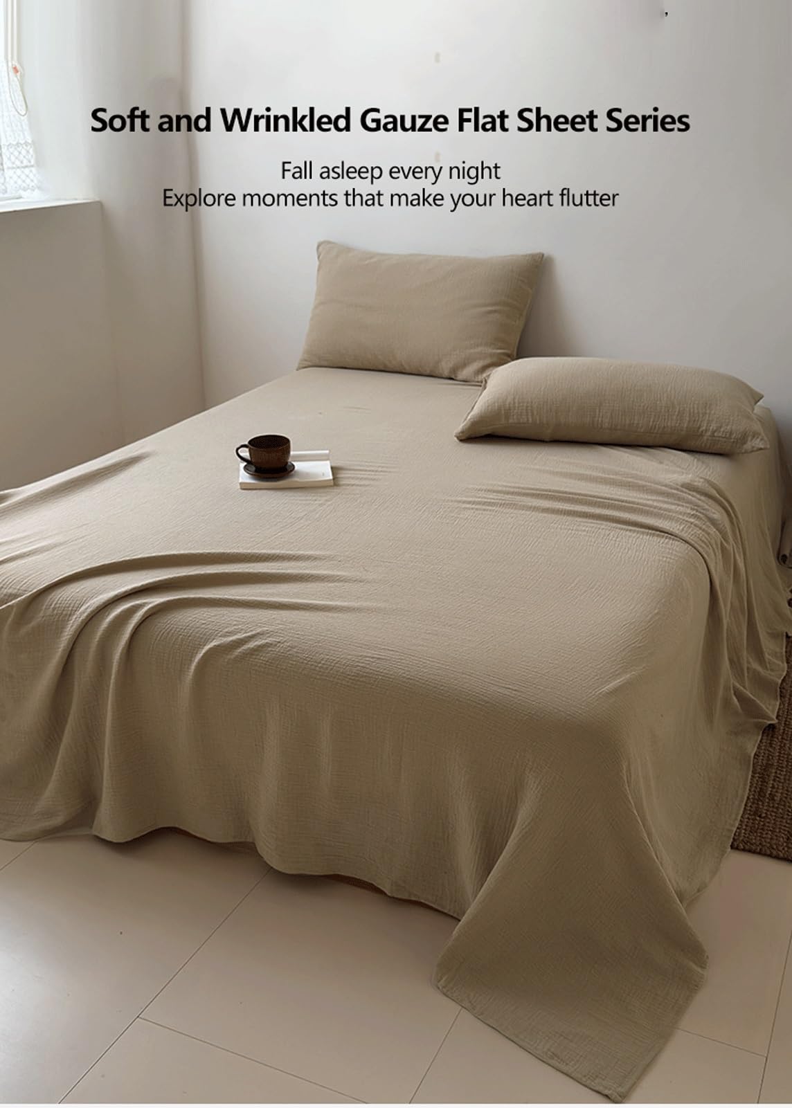 Bettlaken 160x230cm bis 240x270cm Flache Laken aus 100 % Baumwolle Doppellagige Falten-Gaze ohne Gummi Bed Sheets Betttuch ohne Gummi(Brown A,240x250cm+48x74cm x2)