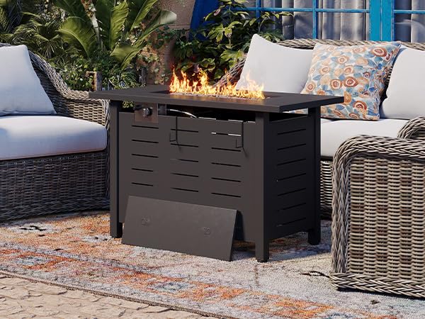 Image of Aoxun 40 Inch Outdoor Propane Fire Pit - 50,000 BTU Gas Fire Pit Table with Lava Rocks, Patio Heater Rectangle Fire Table with Removable Lid & Waterproof Cover for Deck, Backyard, Garden, Black