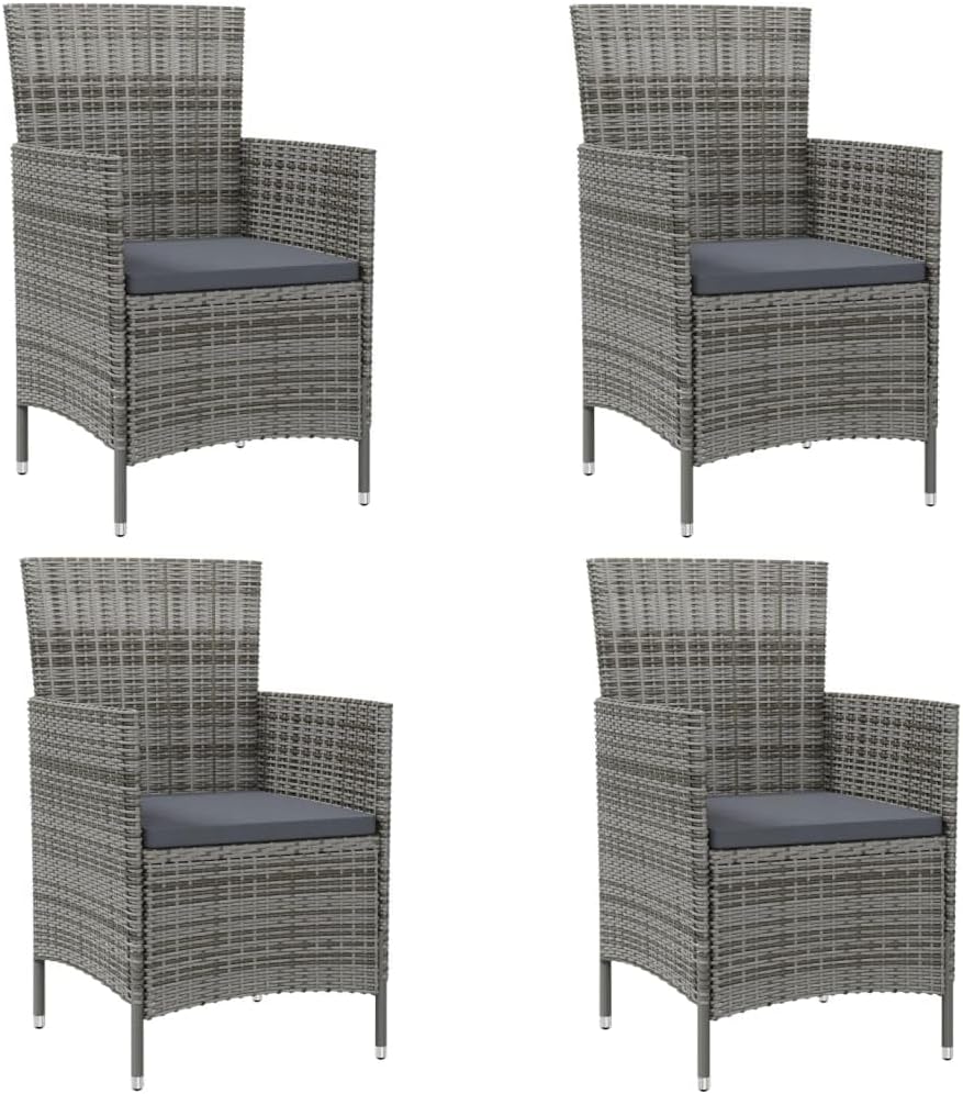vidaXL Outdoor Patio Chairs with Cushions – Set of 4, Powder-Coated Steel and Poly Rattan Construction, Gray with Dark Gray Cushions, Suitable for Garden Patio Use