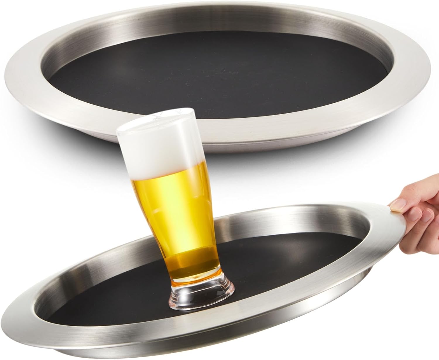 2 sets 14 inch stainless steel silver serving trays with non slip silicone mat round silver serving platter bar tray for coffee table bar party club restaurant home