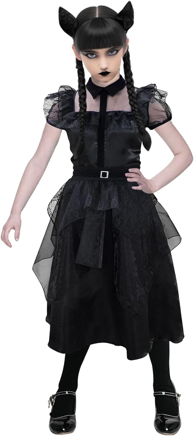 Miniatura 5 de Camlinbo Halloween Dress for Girls Black Witch Dress Costumes with Belts Halloween Cosplay Party for Girls 11-14 Years