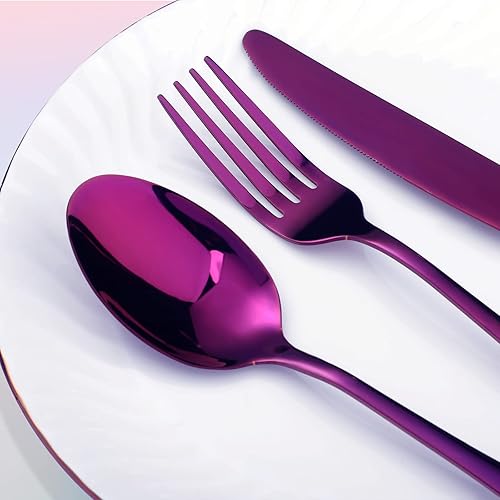 Miniatura 2 de Juego de cubiertos morados de 50 piezas para 10 cubiertos de acero inoxidable, juego de cubiertos de metal, incluye cuchillos, tenedores, cucharas