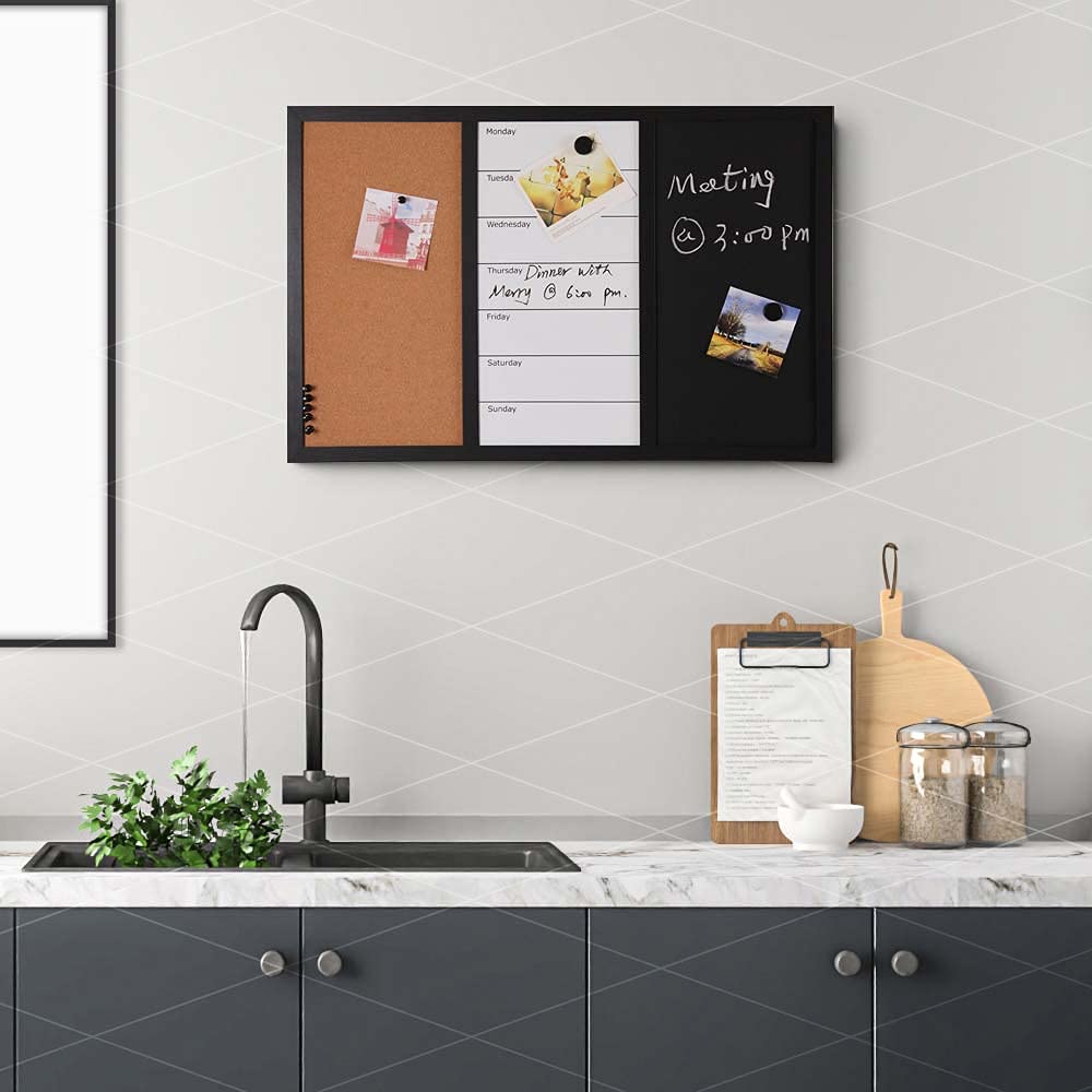 Bakaji Lavagna Magnetica Bianca e Nera con Bacheca Memo in Sughero Combinata 60x40cm Cornice Legno con Set Gessetti Pennarello Cancellabile 2 Magneti e 6 Puntine Design Moderno Casa Ufficio