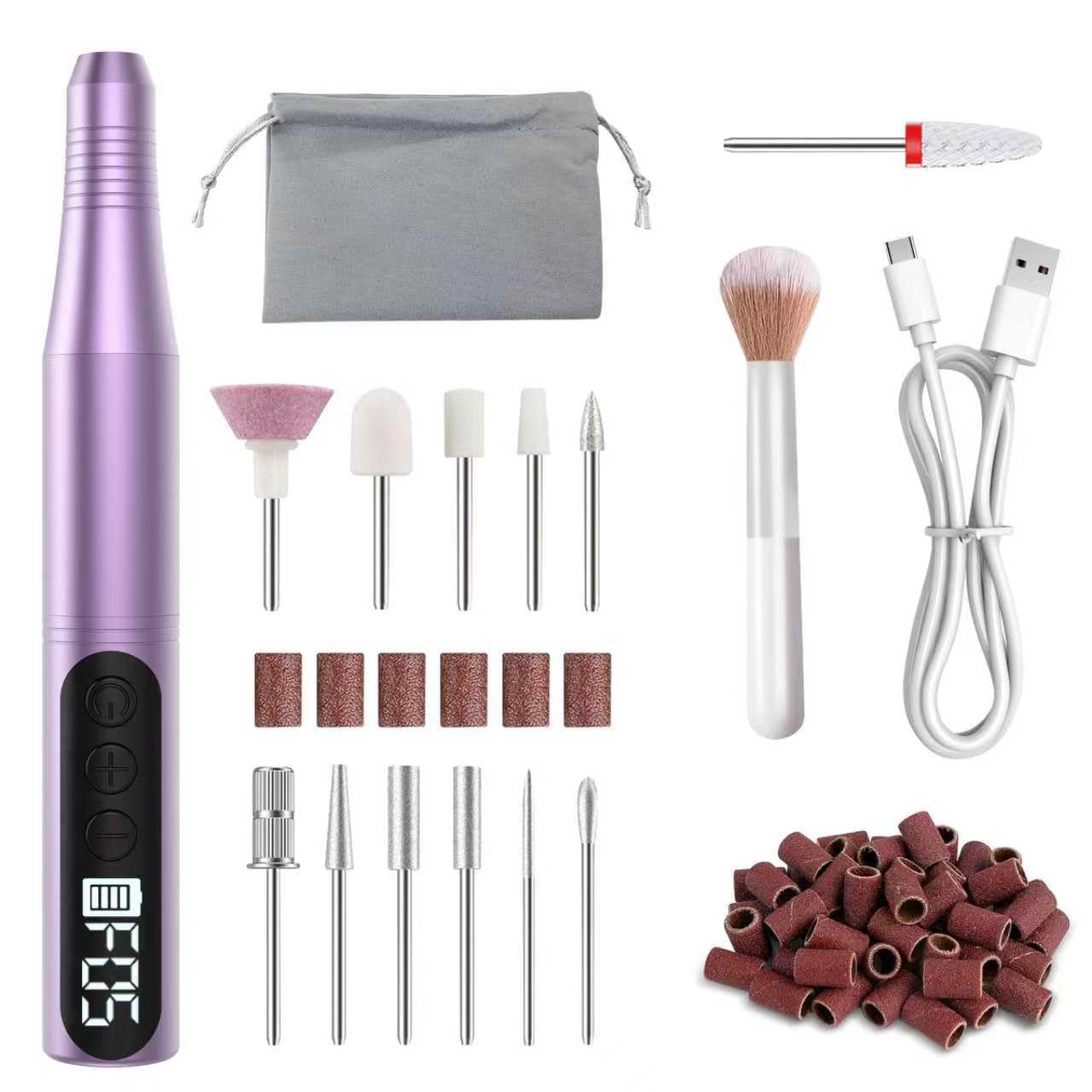 YOHOOLYO Fresa per Unghie Professionale, Tipo C & 20000 RPM 4 Velocità con Inversione, Display LCD e Protezione Anti-Blocco, Kit Manicure 16 in 1 Portatile Ricaricabile Viola Chiaro