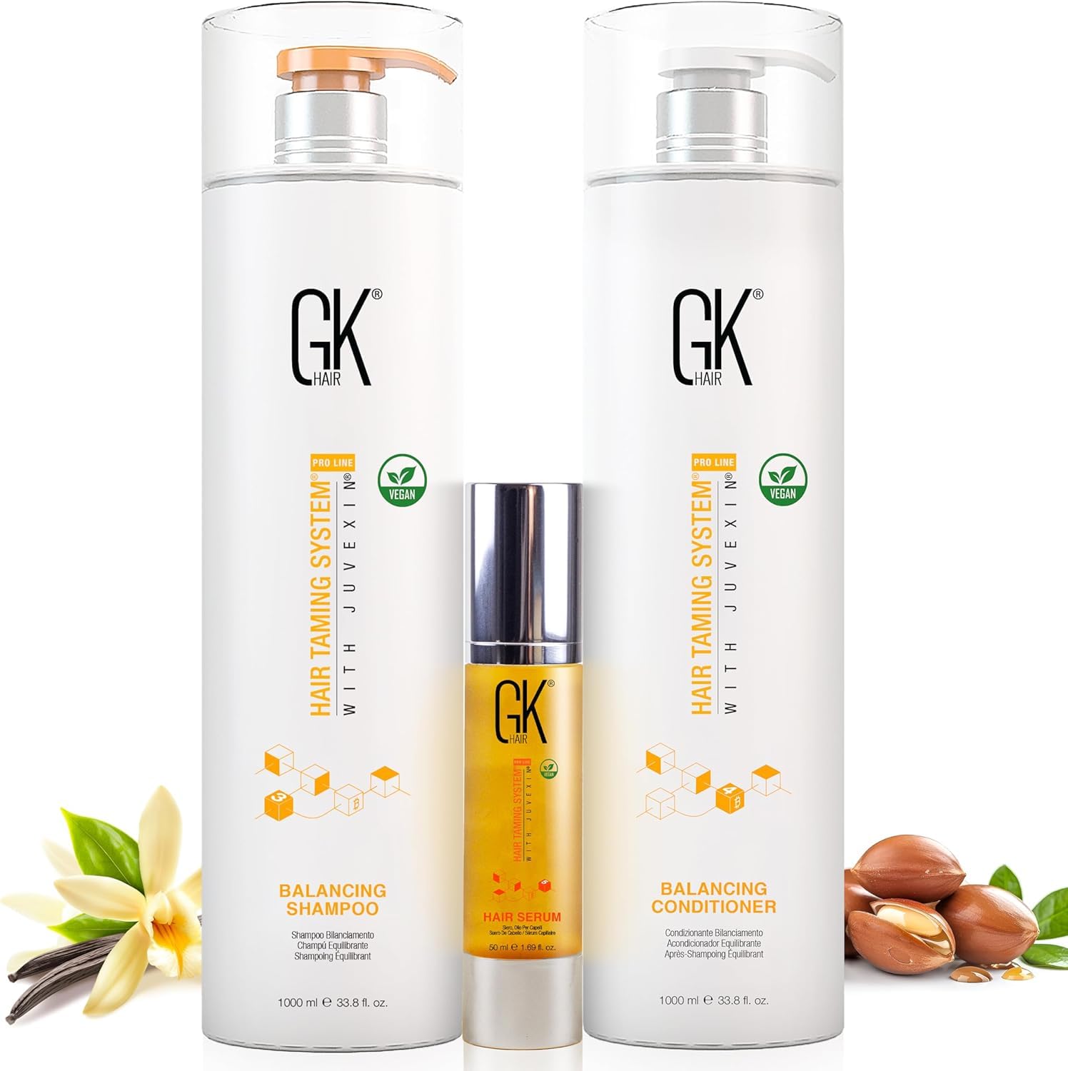 GK HAIR Balancing Shampoo & Conditioner 1000ml with Argan Oil Hair Serum 50ml, Sulfate-Free, Frizz Control, Hydration
