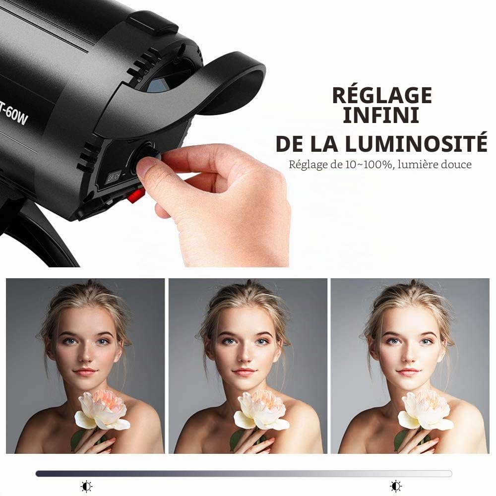 K&F CONCEPT Flash Studio LED SL-60W CRI 95+ Projecteur LED avec Déclencheur,Réflecteur,Monture Bowens, Eclairage pour Vidéo Photo Studio et Photo Extérieure