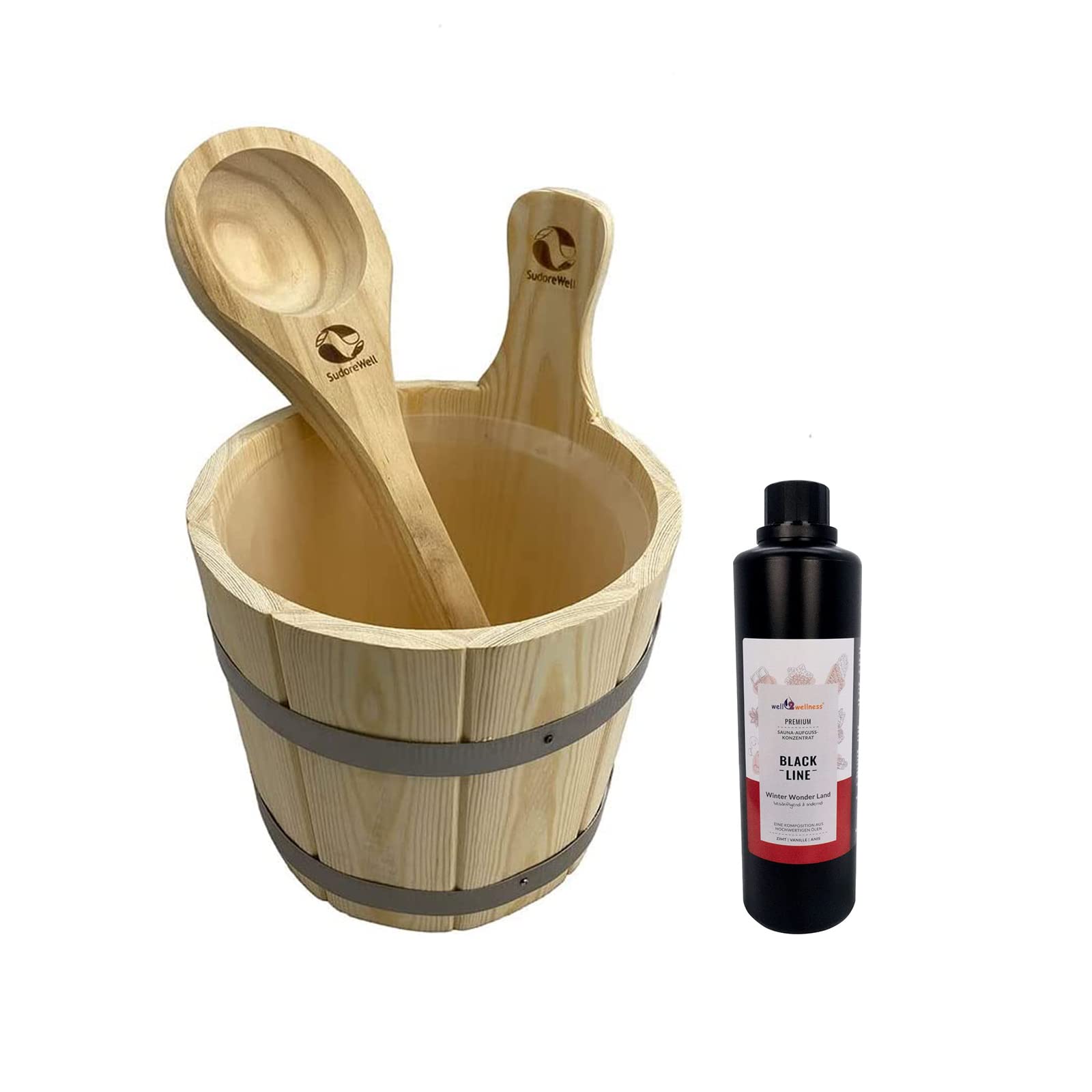 Sauna Set mit Saunakübel 3 Liter inkl. Kunststoffeinsatz und Schöpfkelle plus Premium Sauna-Aufguss-Konzentrat Black Line - Winter Wonder Land - 500ml