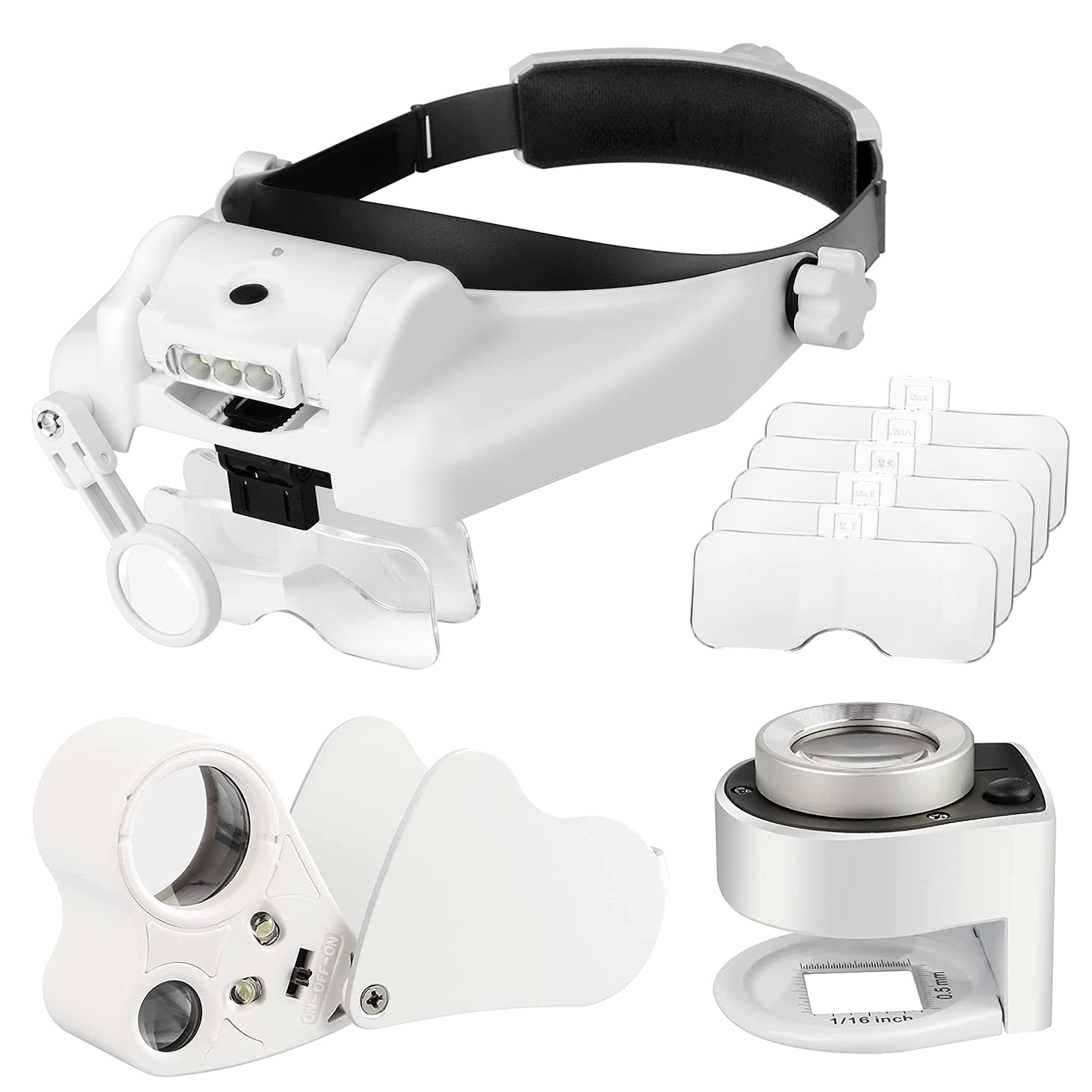 Photo 1 of SUNJOYCO 1X to 14X Headband Magnifier with LED Light, Handsfree Head Mount Magnifying Glass, 2PCS Illuminated Jewelers Loupe, SUNJOYCO 30X 60X Portable Eye Loupe Magnifier Lighted Magnifying Glass