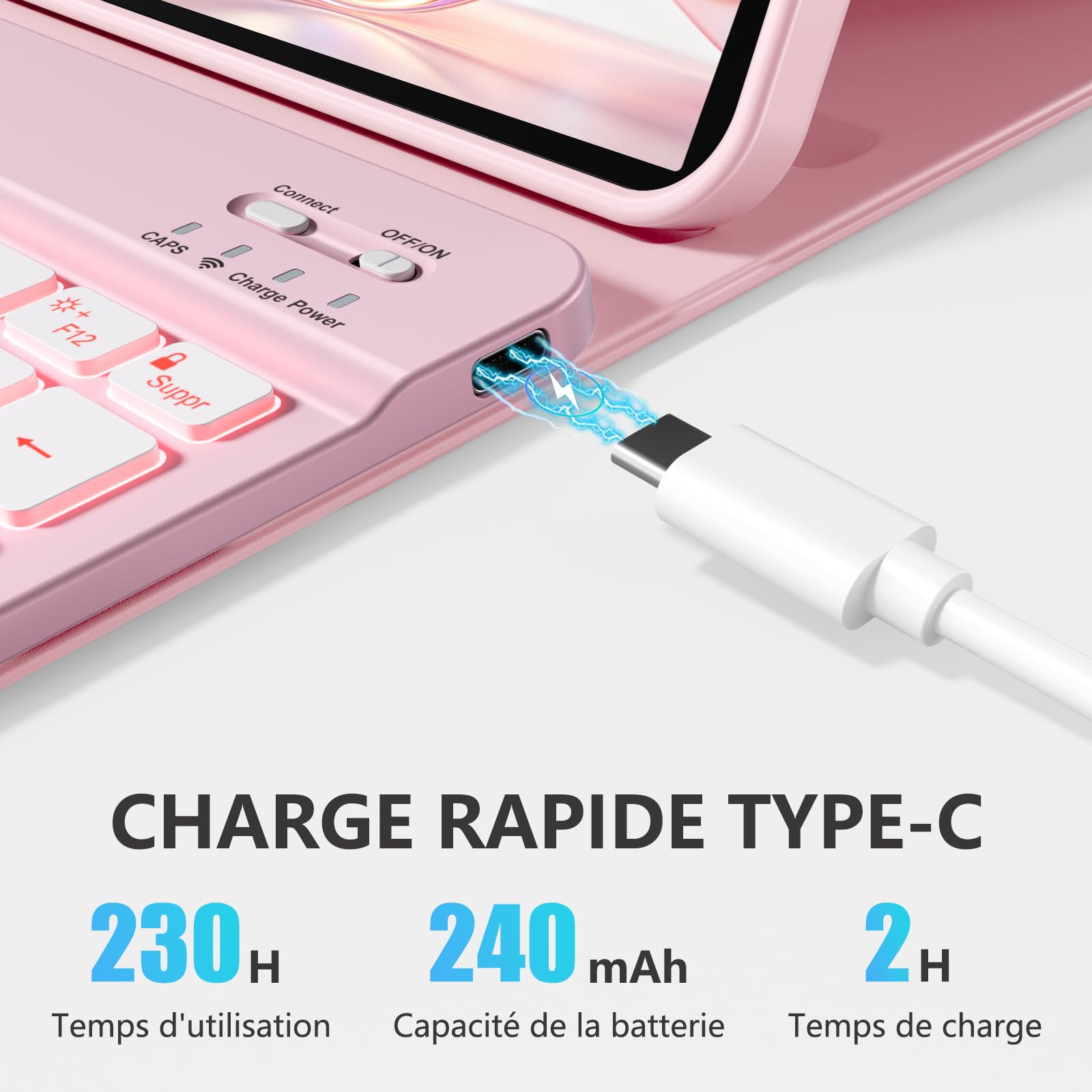 Coque Clavier pour iPad Air 11 Pouces (M4 2026/M3 2025/M2 2024), Étui Keyboard pour Air 4/5ème Génération 2020 2022 avec Rétroéclairage à 7 Couleurs et Porte-Crayon, Clavier AZERTY, Rose