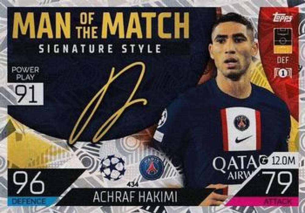 2022-23 Topps Match Attax UEFA Champions League UCL #434 Achraf Hakimi Paris Saint-Germain Official Soccer Trading Card in Raw (NM or Better) Condition