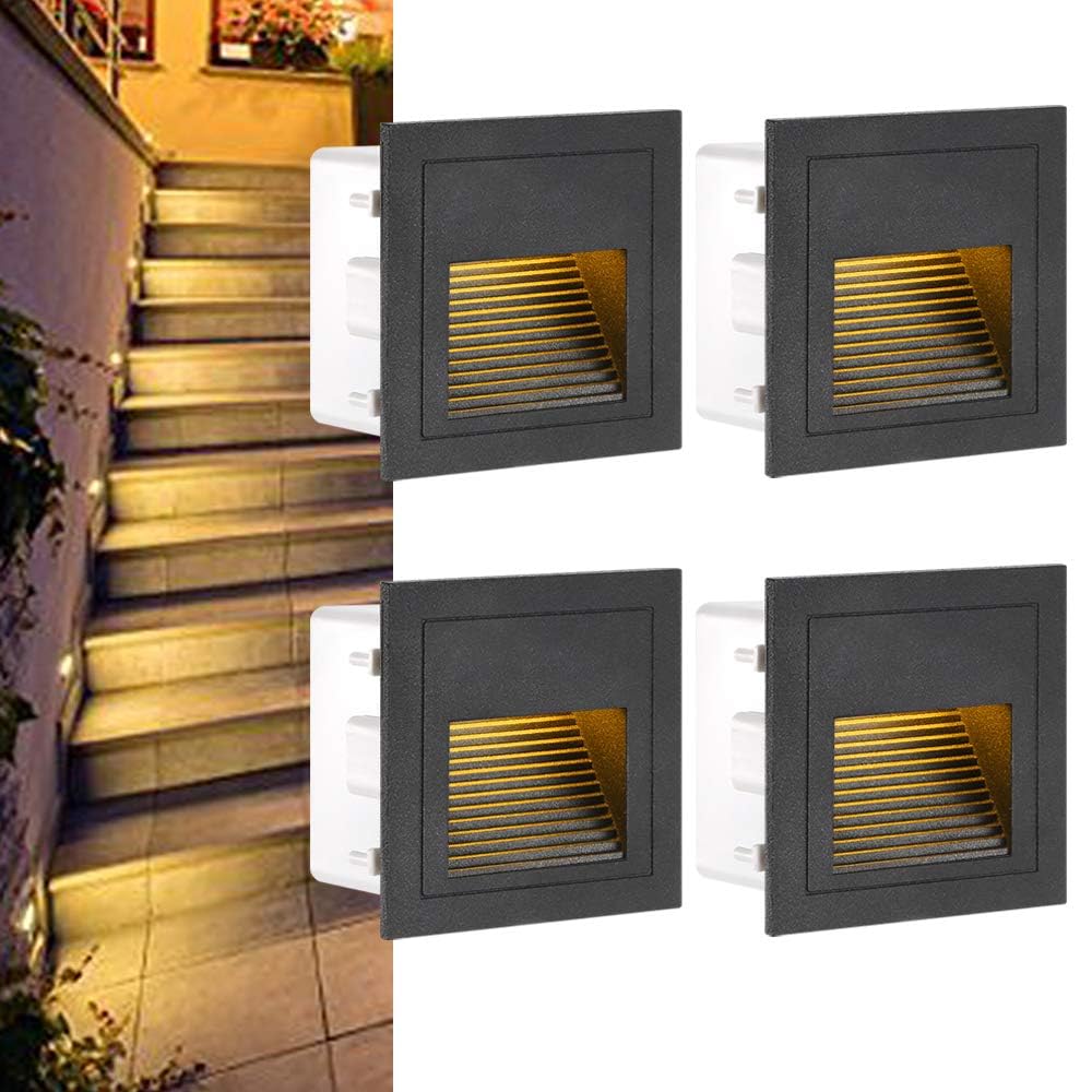 3W Applique Encastré Murale, IP65 étanche Lumières d'escalier Carré, Blanc chaud Aluminium Applique avec Boîte Encastrée, 230V Eclairage Mural alu escalier encastrable marchepied,Lot de 4,noir