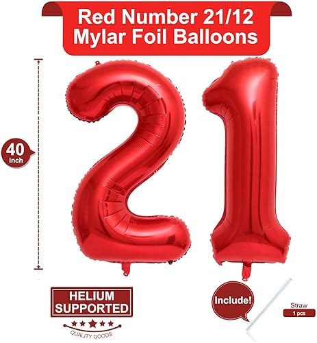 Miniatura 2 de Globos rojos de 40 pulgadas con el número 21 o 12 gigantes, 12 globos rojos de cumpleaños 21, globos de 12 años, suministros de decoración de fiesta