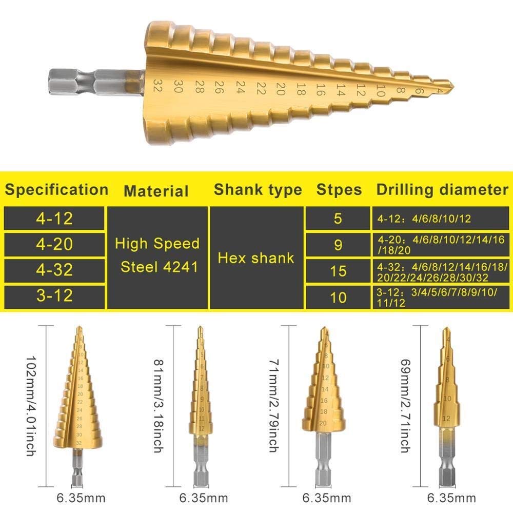 Wiercenie wiertła stopniowe HSS wiertło stopniowe do metalu drewno wiertło stożkowe wiertło stożkowe narzędzia do obróbki drewna (kolor: 1 szt. 4 32mm, kształt trzpienia: sześciokątny) (rozmiar (4 1