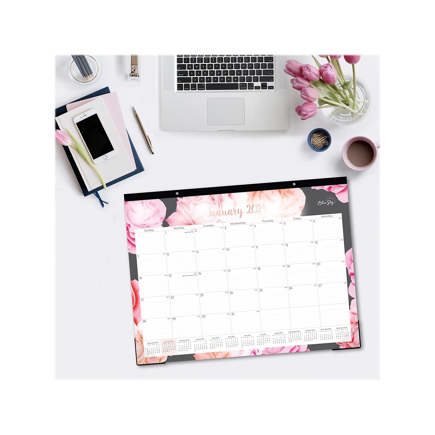 Blue Sky Joselyn 102714-24 - Calendario mensile da scrivania 2024, da gennaio a dicembre, 55,9 x 43,2 cm, rilegatura a nastro, perforato a due fori, blocchi a righe,
