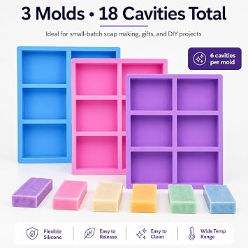 3 Pack Rectangle Silicone Soap Molds, 18 Cavities Total, 6 Cavity Soap Making Mold for Melt and Pour Soap, Homemade Soap Bars, Pudding, Jelly, Brownies, Chocolate, Easy Release Silicone Baking Mold
