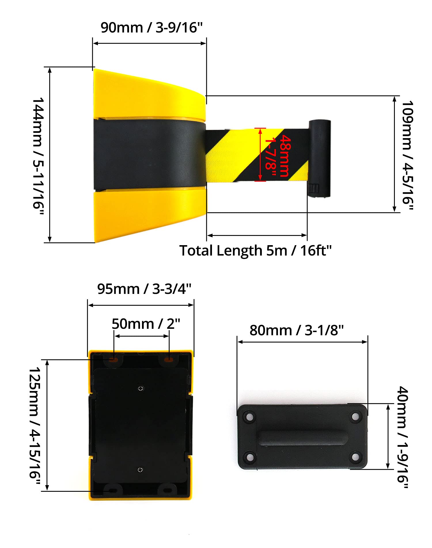 QWORK Barrière de ceinture rétractable à fixation murale fixe, boîtier en ABS, 4,9 m, ceinture de sécurité noire et jaune avec vis