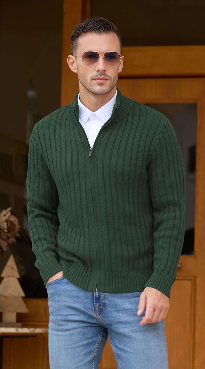NITAGUT Men's Cardigan Sweater Stand Collar Full Zip Up Sweater Slim Fit Casual Knit for Winter - Image 3