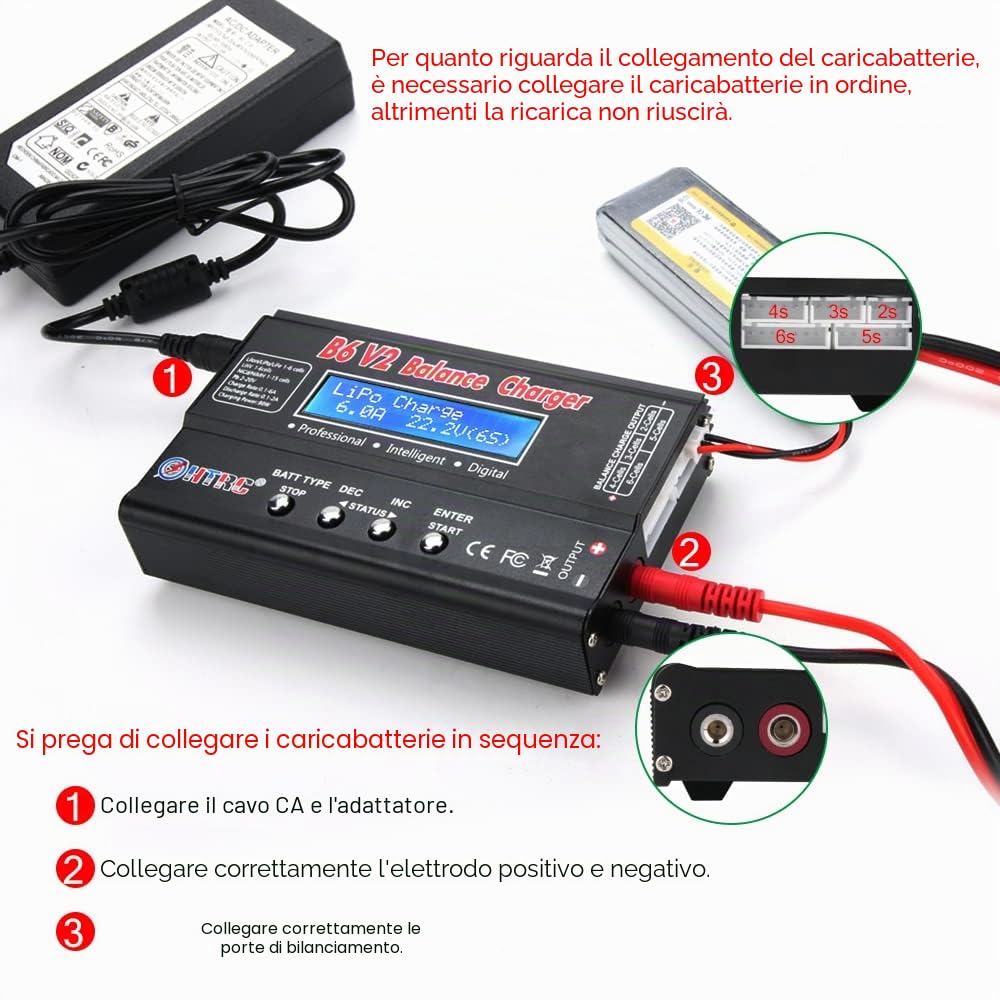 HTRC Caricatore LiPo 1S-6S Caricabatterie digitale per bilanciamento della batteria 80W 6A per la vita Batteria intelligente agli ioni di Litio NiCd NiMH PB
