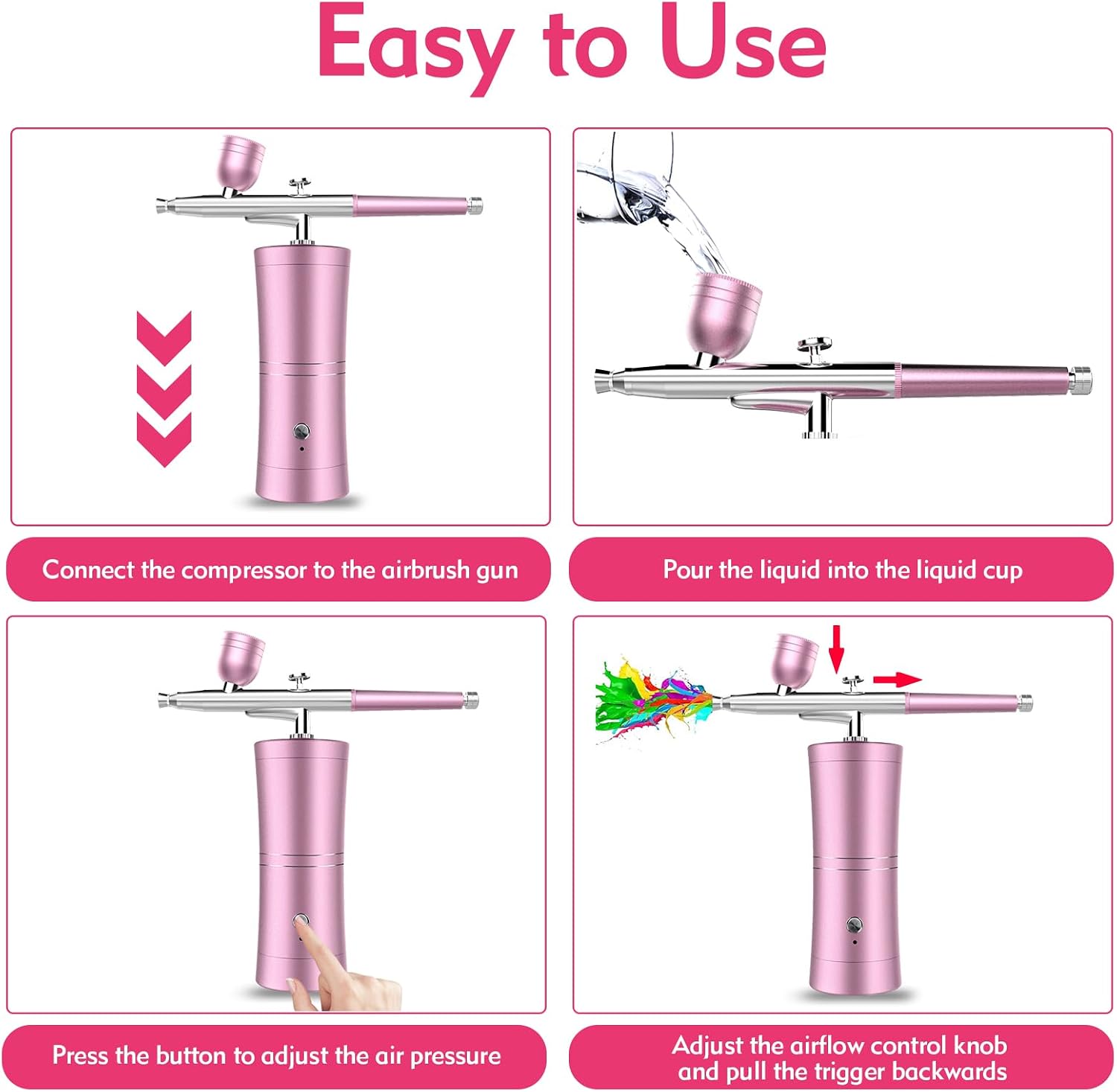 Cordless Rechargeable Airbrush Kit with Compressor - Adjustable High-Pressure Non-Clogging 0.3mm Nozzle Complete Set for Nail Art, Cake Decor, Barber, Model Painting & Makeup (PINK)