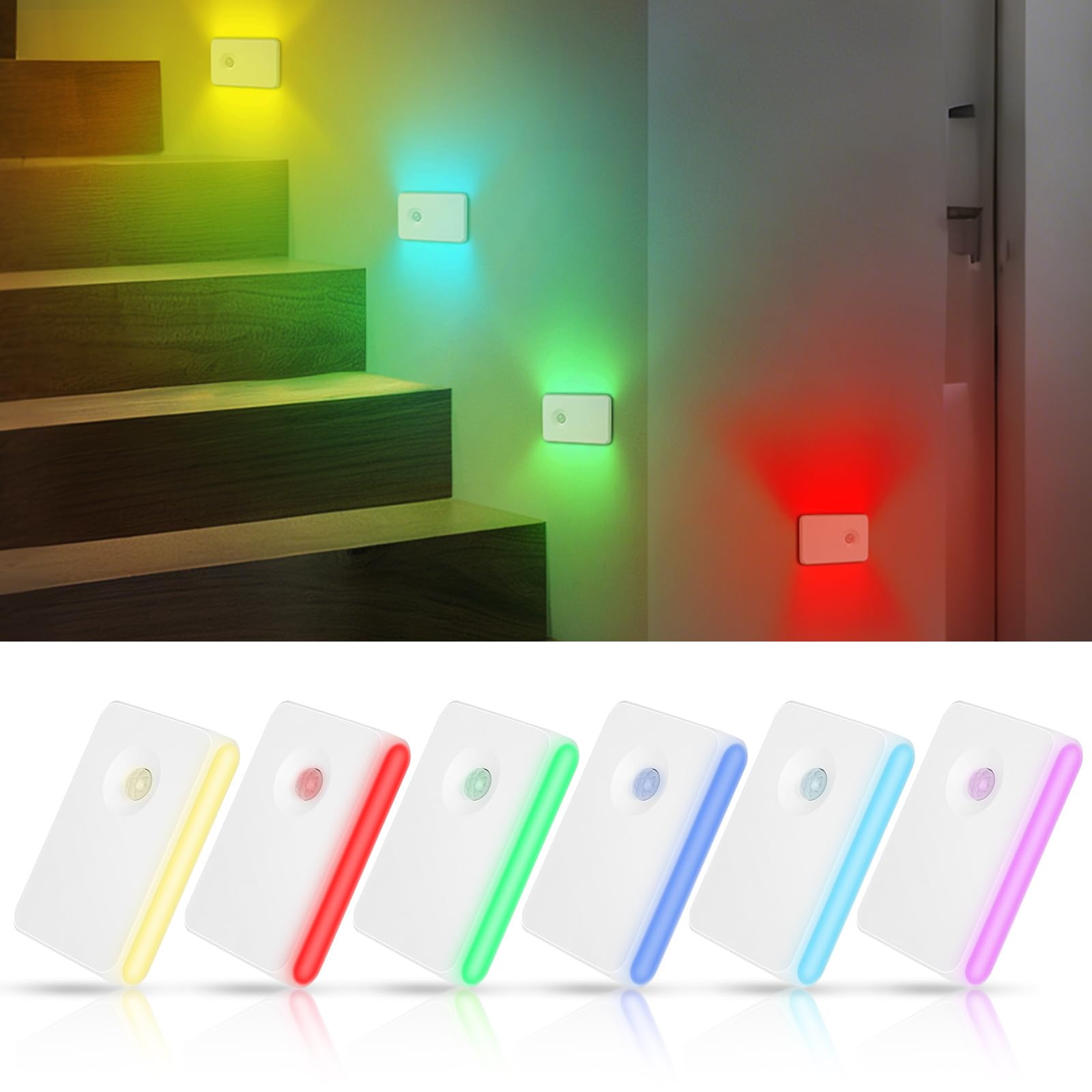 AUAUY 6 Pack Motion Sensor Stair Lights Indoor, Wireless RGB 7 Color Night Light, USB Rechargeable Stair Lights (Auto/ON/Off), Magnetic Stick on Light for Wardrobe, Stairs, Hallway, Bedroom, Closet