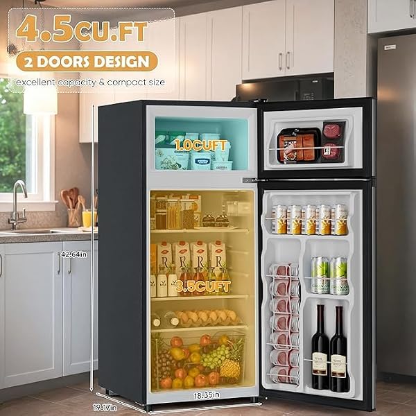 FILMDONGDONG Mini Fridge with Freezer, 4.5 Cu.Ft Mini Refrigerator fridge, 2 door For Bedroom/Dorm/Office/Apartment - Food Storage or Cooling drinks, Black - 4