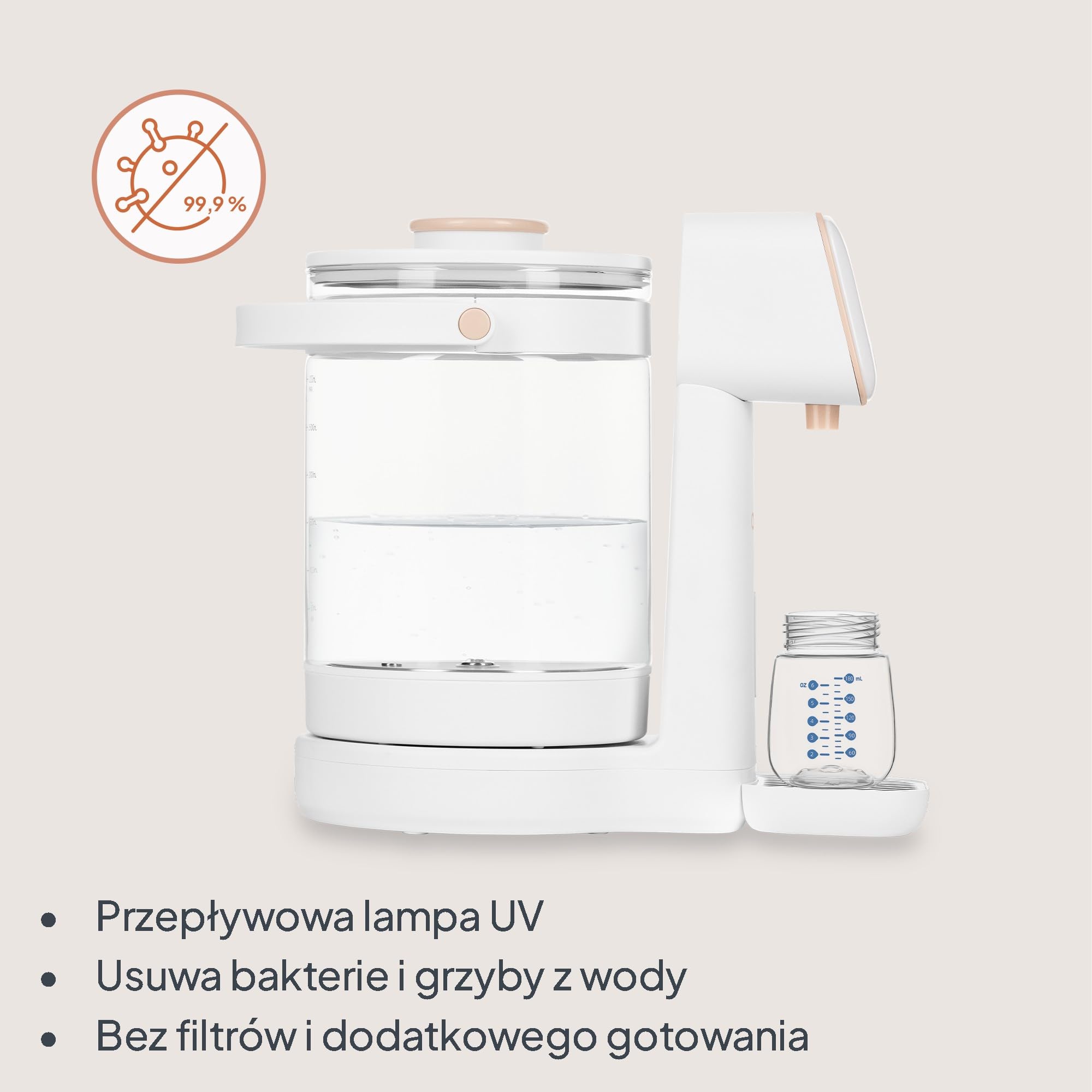 Lionelo Babypresto 2.0 urządzenie do przygotowywania butelek dla niemowląt i ogrzewacz do butelek dla niemowląt o temperaturze 40-100°C, higiena UV, dechlorowanie, dozowanie 30-300 ml, szklany
