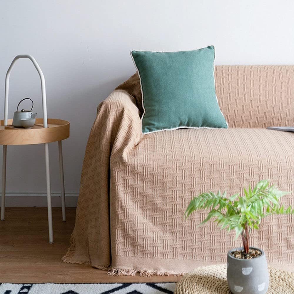 夏春綿糸タッセルニット格子縞のソファ毛布カバー布タペストリーベッドカバーホームテキスタイル装飾、カーキジンジ、90x180cm