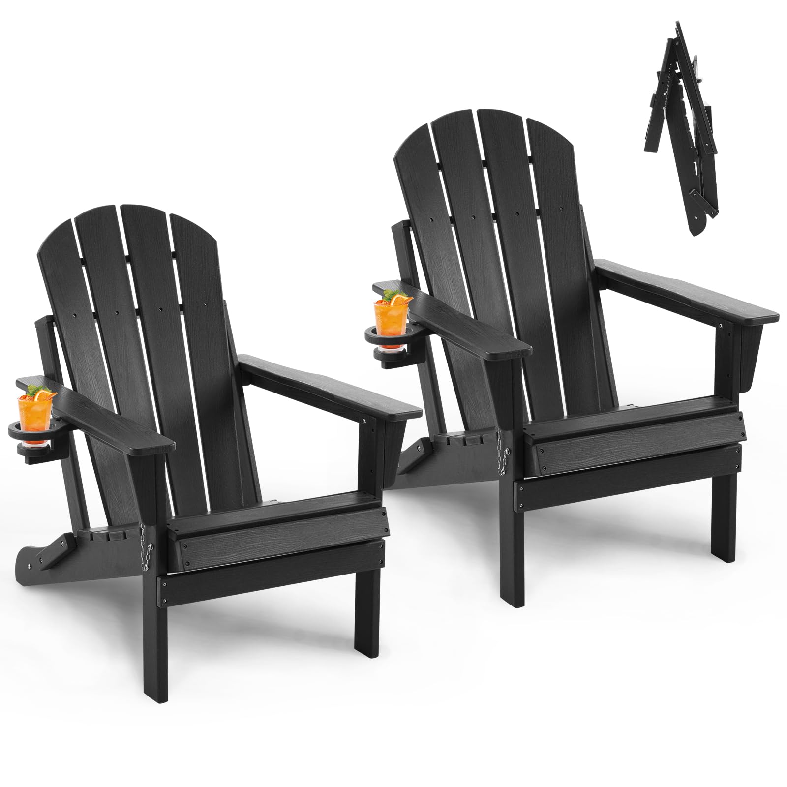 Adirondack Stuhl 2er Set Klappstuhl mit Getränkehalter, Wetterfest Gartenstuhl Patio Stühle, Gartensessel aus Kunststoff für Garten, Terrasse und Balkon, Schwarz 2pcs