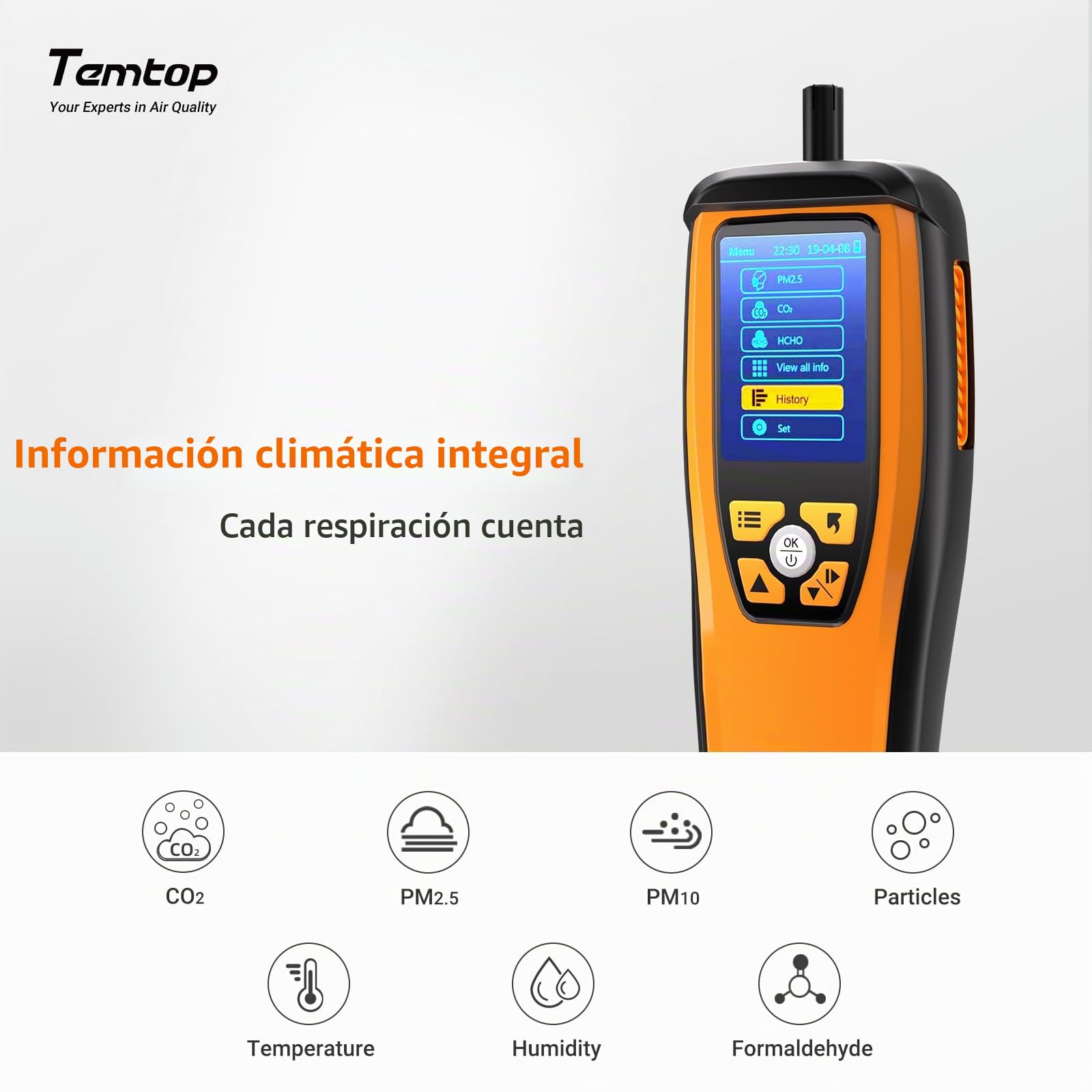 Temtop M2000 2nd Monitor de Calidad del Aire para PM2.5 PM10 Partículas Temperatura CO2 Humedad configurable Alarma de Audio Grabación Curva Fácil Calibración (M2000 2end)