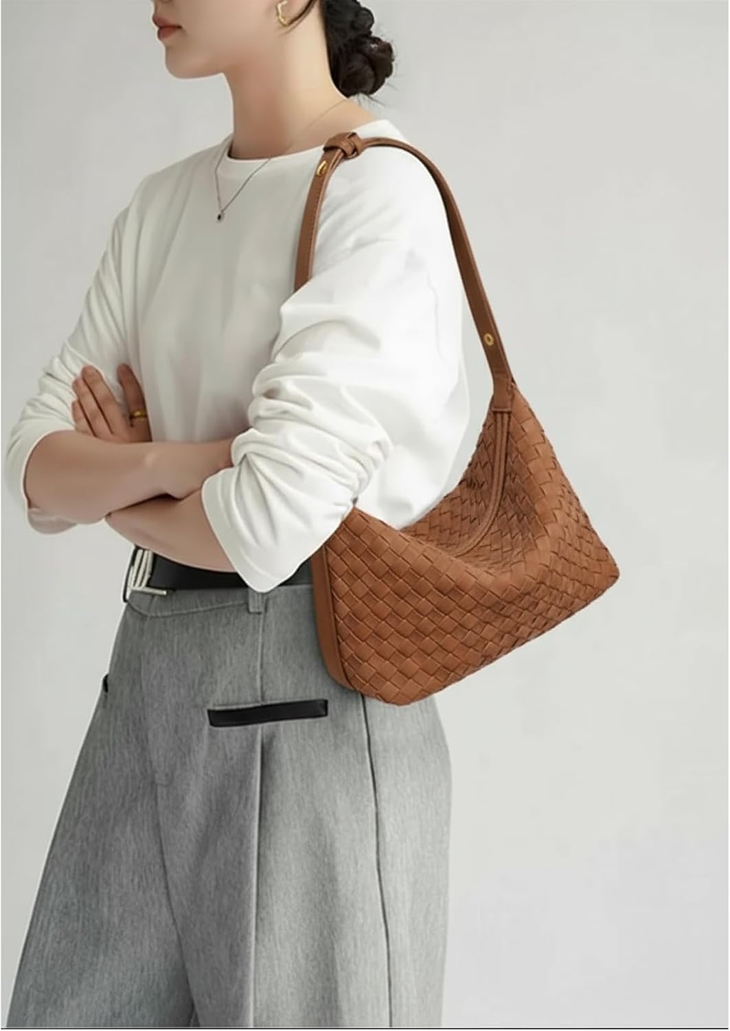 Woven Suede Shoulder Bag - Stylish Hobo Satchel, Slouchy Handbag, Crescent Crossbody Purse & Tote - Image 3