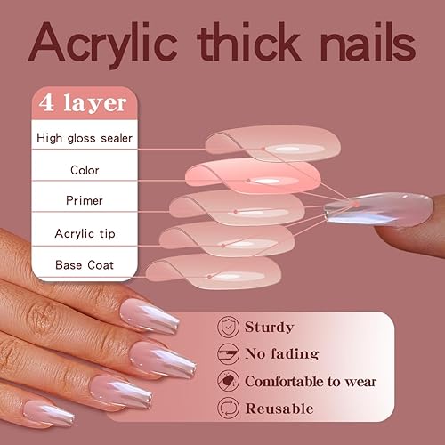 Miniatura 3 de Juego de 24 uñas postizas a presión, cromadas medianas con pegamento para uñas, reutilizables, uñas postizas de gel