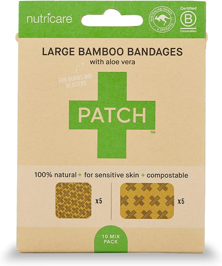 PATCH Large Sensitive Skin Bandages - Aloe Vera Square and Rectangle Natural Bamboo Latex-Free, Compostable, Hypoallergenic Bandages for Sensitive Skin, Eco-Friendly, 5 Square, 5 Rectangle, 10ct