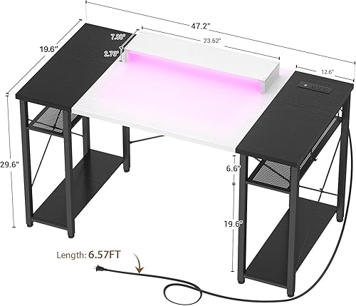 Miniatura 3 de Armocity Computer Desk with LED Lights, 48 Inch Desk with Power Outlet and USB, Reversible Large Desk with Moveable Monitor Stand, 48'' Gaming PC