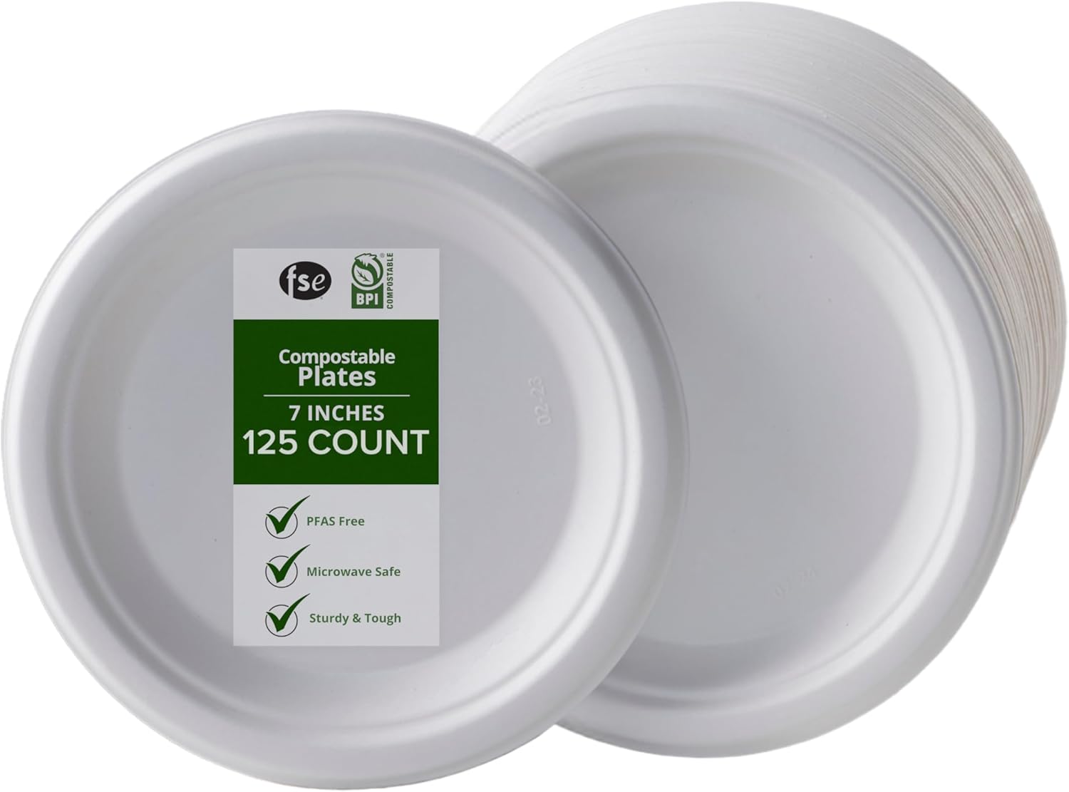 FSE 100% Compostable Round Paper Plates, 7 Inch, Heavy Duty Disposable Plates, Eco-Friendly Unbleached Bagasse, Microwave Safe, (Pack of 125)