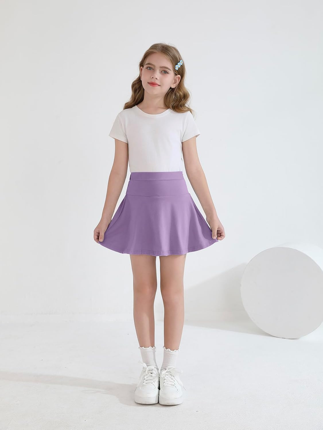 2 Pack Girls Skirts Elastic Flared Plain Tennis Skater Skirts with Built-in Shorts Kids Active Flowy Skorts