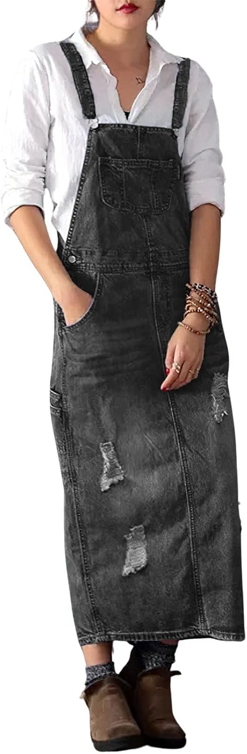 loveimgs Women Distressed Denim Overall Dress Bib Long Jean Jumper Ripped Adjustable Straps Patchwork Pinafore Dress