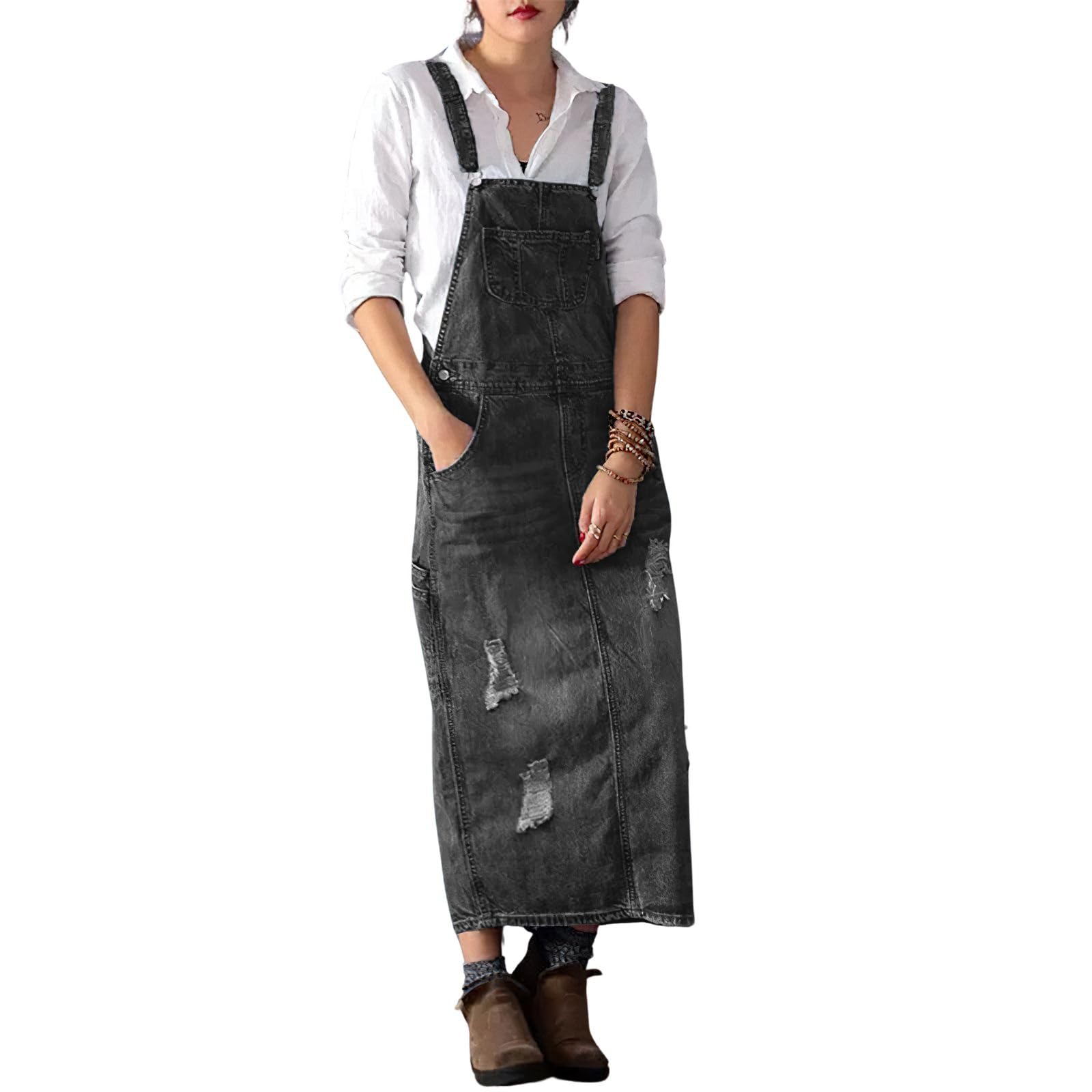 loveimgs Women Distressed Denim Overall Dress Bib Long Jean Jumper Ripped Adjustable Straps Patchwork Pinafore Dress