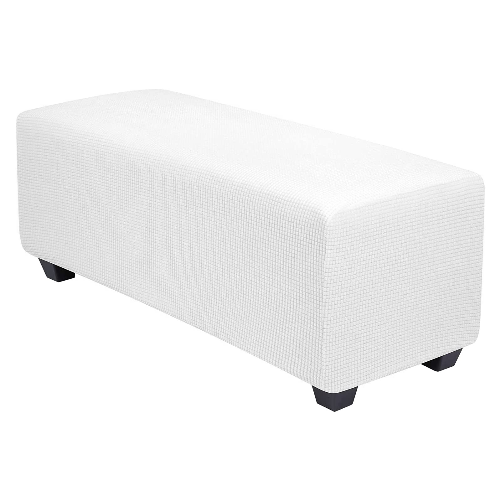 CONRUSER Stretch Ottoman Covers, Soft Jacquard Ottoman Slipcovers Rectangle Storage Stool Cover Footstool Slipcover for Living Room Furniture Protector (White, X-Large)