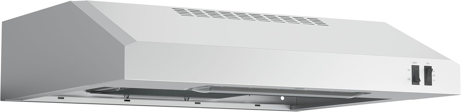 GE 24in. Under Cabinet Range Hood, convertible Duct, 2 Speed Exhaust Fan, Front Control and Reusable Filter, Stainless Steel