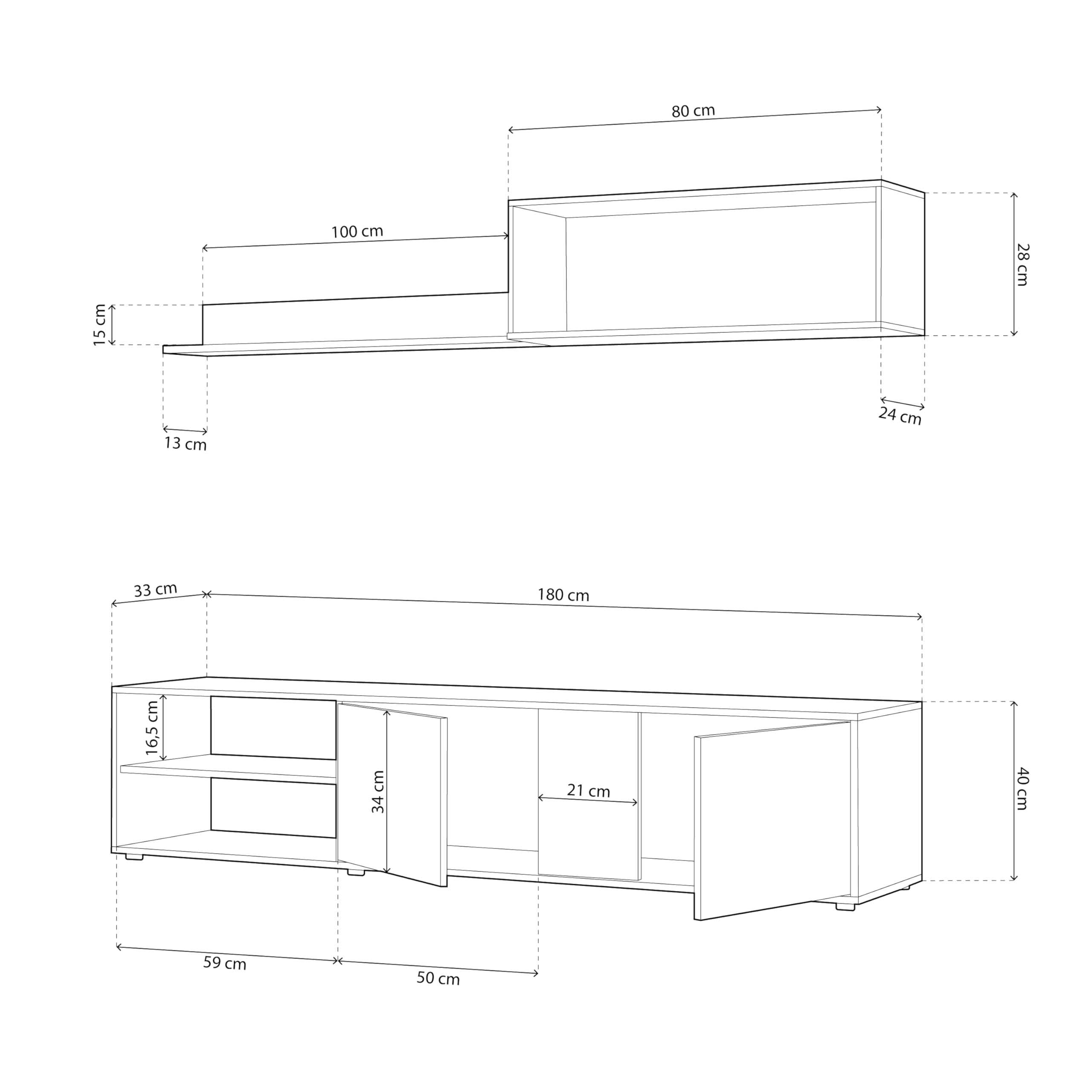 duehome | Conjunto Reversible de Salon, Mueble de TV, Modulos de Comedor, Modelo Alix, Acabado en Blanco Artik y Natur, Medidas: 180 cm (Largo) x 33 cm (Fondo) x 40 cm (Alto)