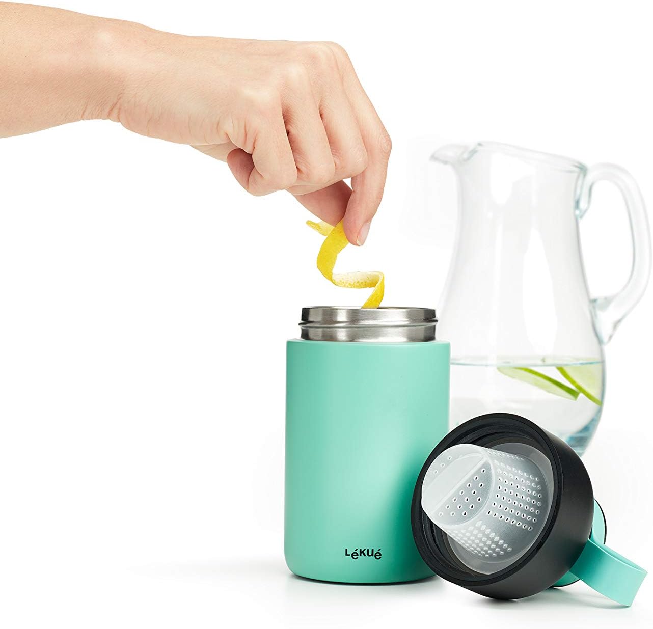 Lékué Insulated Bottle To Go 17.6oz with Infuser | Reusable for Hot & Cold Drinks | Handle & Wide Mouth Opening | Stainless Steel Water Coffee Bottle | Fruit Infusion | Unscrew to Clean | Turquoise