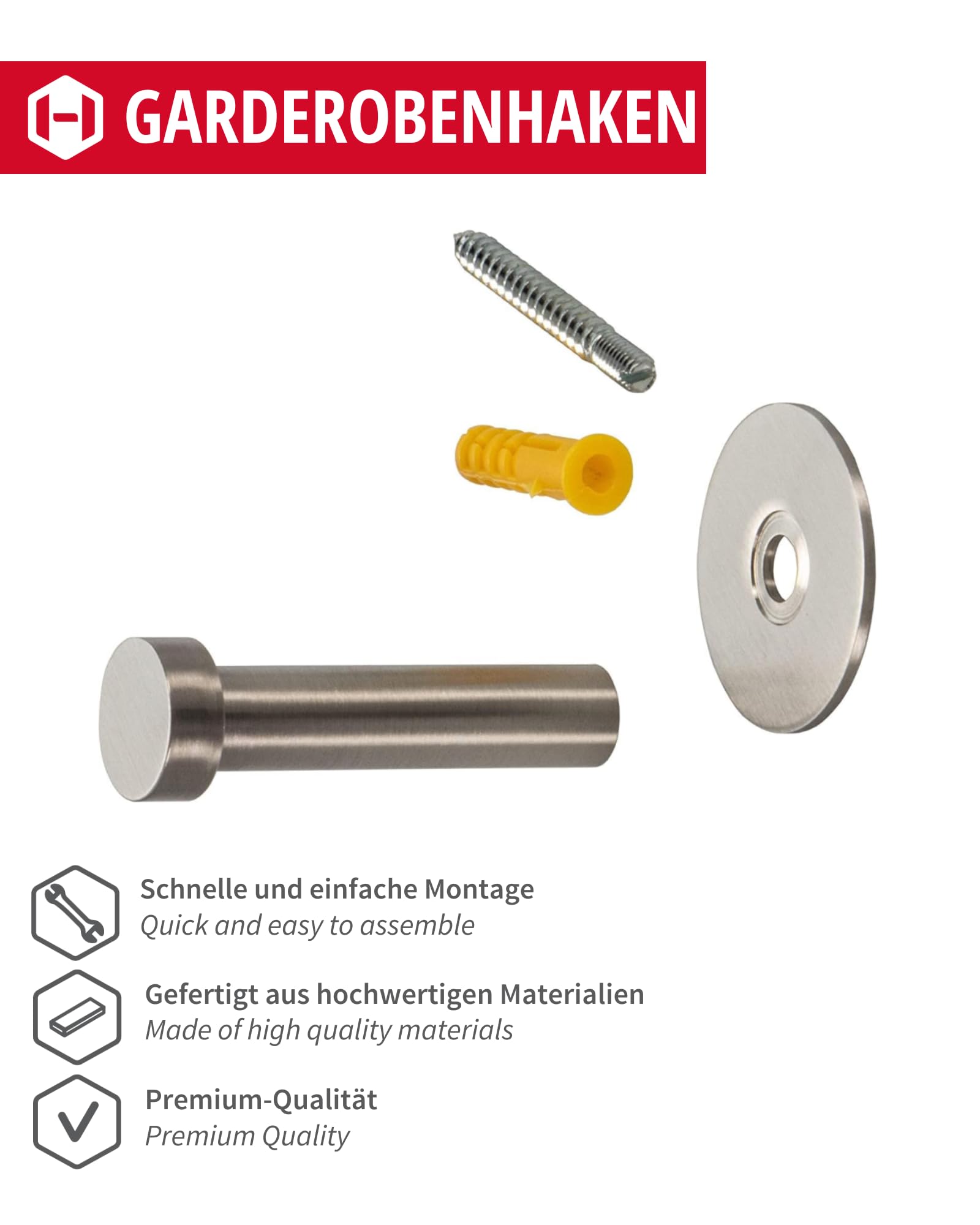Gedotec Garderobenhaken 'Lora' – Moderner Edelstahl-Haken Mit Befestigung (Tiefe 62mm) Für Wandmontage